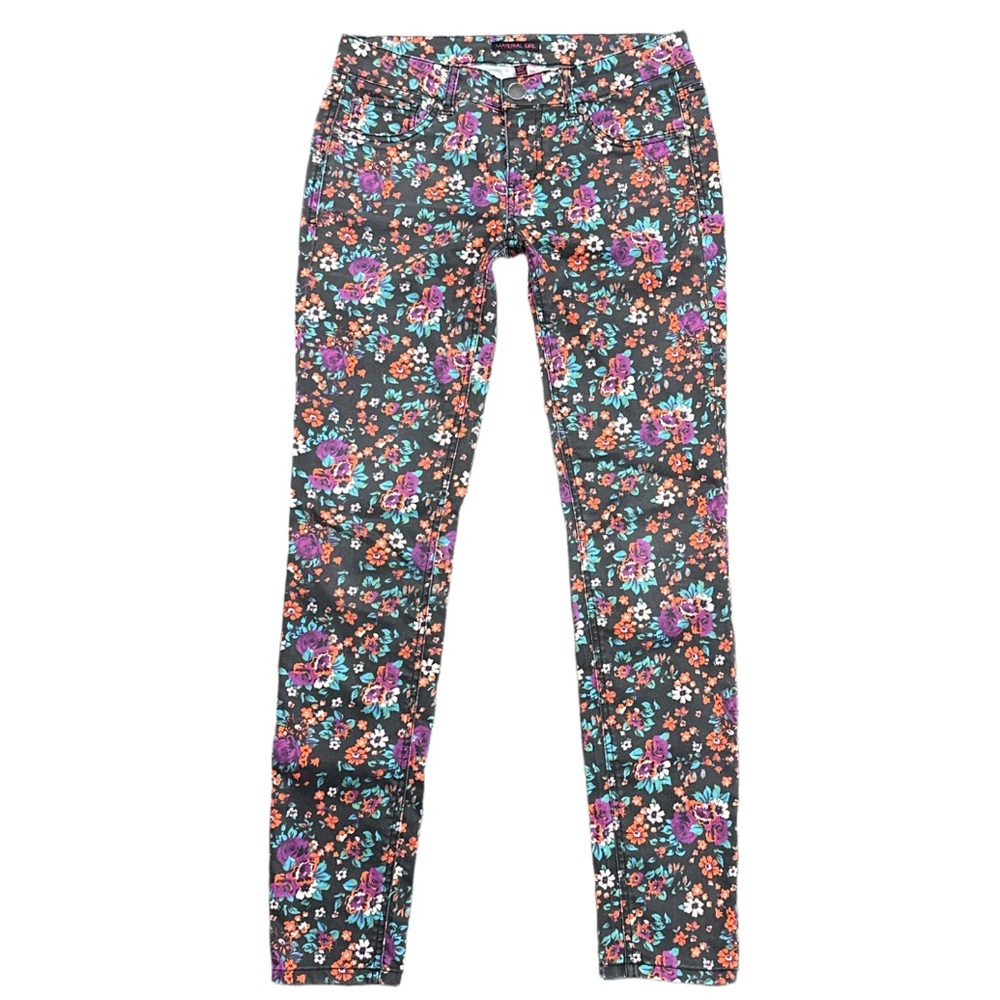 Y2K MATERIAL GIRL women's grey/multi lowrise floral print skinny jeans, 5/28".